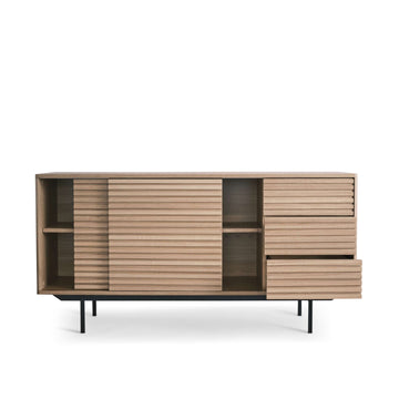 Sideboard – Natürliches Eschefurnier, Schiebetüren, Schubladenstauraum – Sense | Njordec