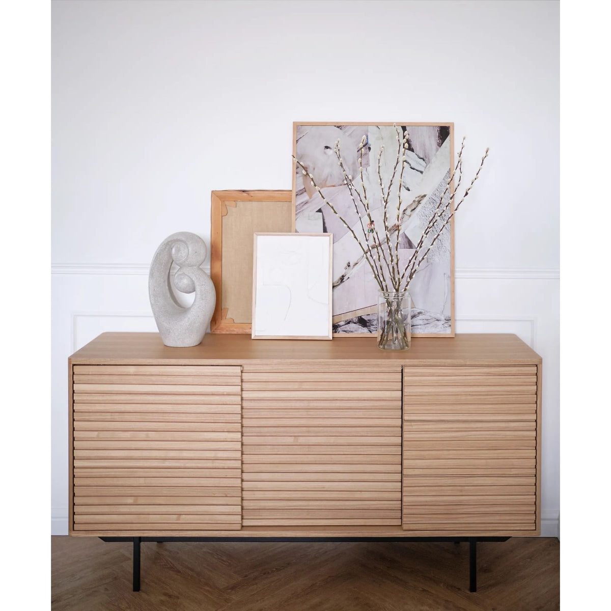 Sideboard – Natural Ash Veneer, Sliding Doors, Drawer Storage – Sense | Njordec