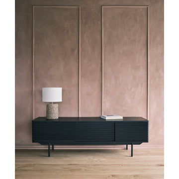 TV Cabinet – Black Oak Veneer Finish, Powder-Coated Metal Legs, Sliding Drawers with Storage – Sense | Njordec