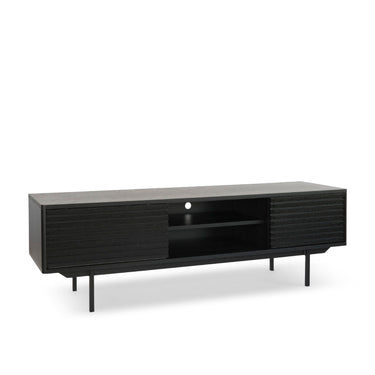 TV Cabinet – Black Oak Veneer Finish, Powder-Coated Metal Legs, Sliding Drawers with Storage – Sense | Njordec