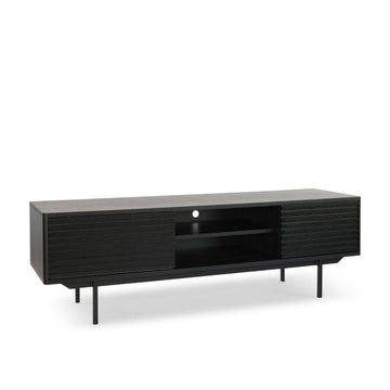 TV Cabinet – Black Oak Veneer Finish, Powder-Coated Metal Legs, Sliding Drawers with Storage – Sense | Njordec