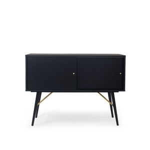 Sideboard – Matte Black Oak Veneer, Sliding Door Design, Metal Legs with Brass Details – Dawn | Njordec