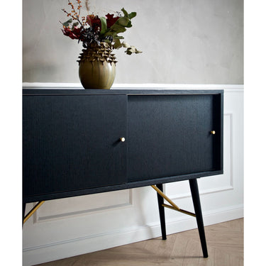 Sideboard – Matte Black Oak Veneer, Sliding Door Design, Metal Legs with Brass Details – Dawn | Njordec