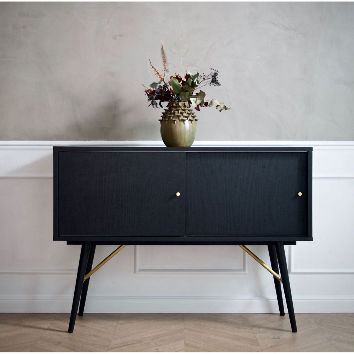 Sideboard – Matte Black Oak Veneer, Sliding Door Design, Metal Legs with Brass Details – Dawn | Njordec