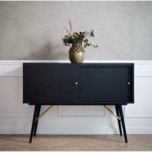 Sideboard – Matte Black Oak Veneer, Sliding Door Design, Metal Legs with Brass Details – Dawn | Njordec