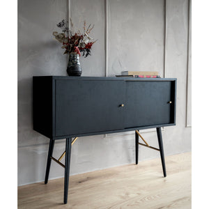 Sideboard – Matte Black Oak Veneer, Sliding Door Design, Metal Legs with Brass Details – Dawn | Njordec