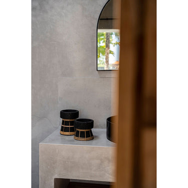Candle holder – Terracotta structure, Rattan grid, Natural look, M – Serene | Bazar Bizar Antwerp