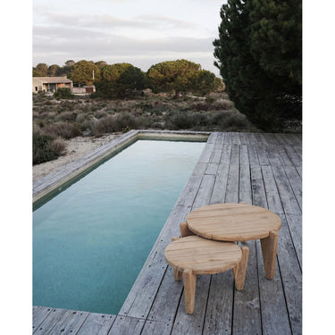 Coffee table – Recycled teak, tripod design, outdoor style, S – Seseh | Bazar Bizar Antwerp