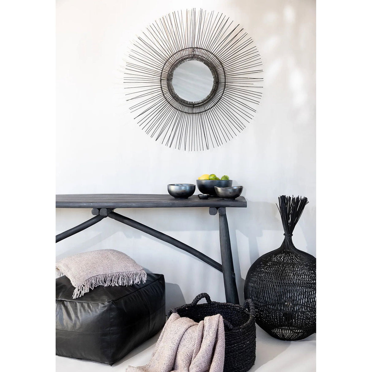 Spiegel – Rattan, Tropisches Design, Schwarzer Rahmen, L - Tropical | Bazar Bizar Antwerp