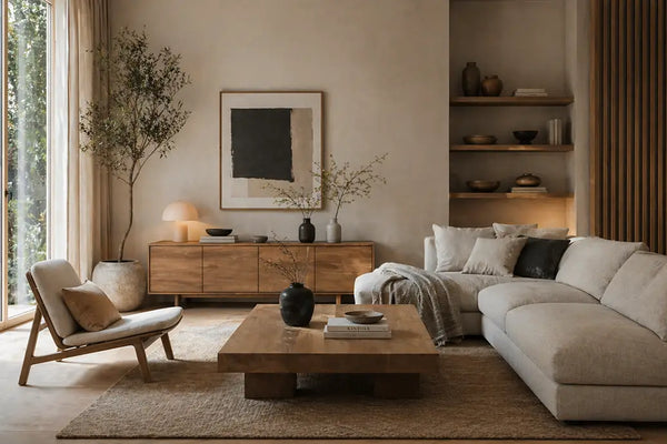 Japandi Stil im länglichen Wohnzimmer – klare Linien, reduzierte Möbel und natürliche Materialien für ein harmonisches Raumgefühl