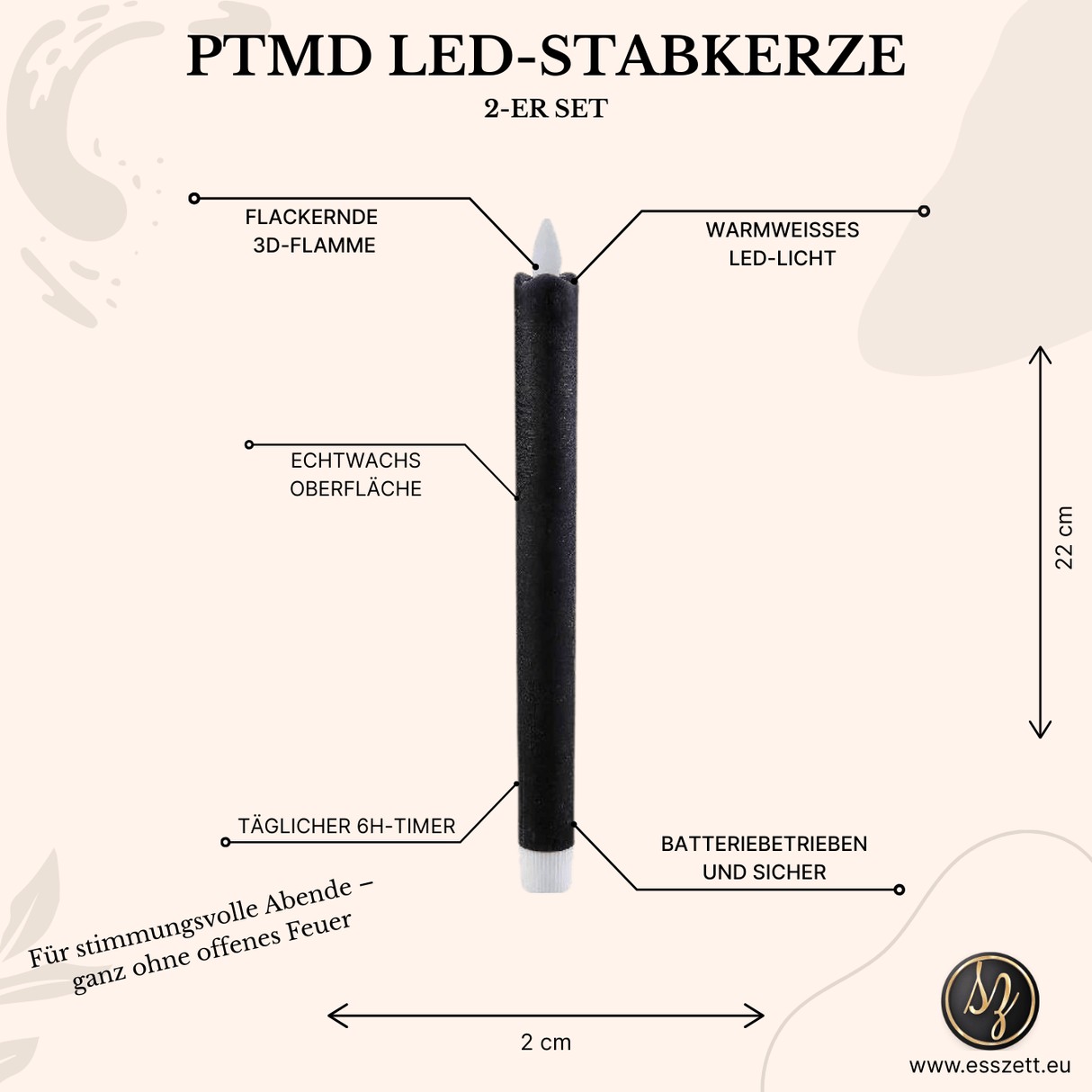 LED Kerze Rustikales Schwarz bewegliche Flamme 6 - Stunden - Timer mit Batterien betrieben – LED Dinerkerzen | PTMD - Esszett Luxury | Stilvolles Wohnen mit Charakter