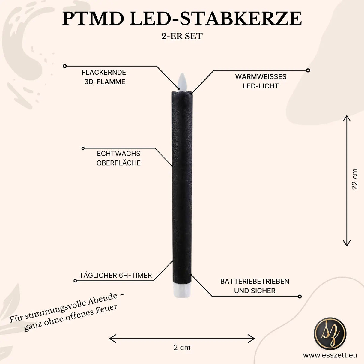 LED-Stabkerzen mit beweglicher Flamme, 15 cm hoch | PTMD