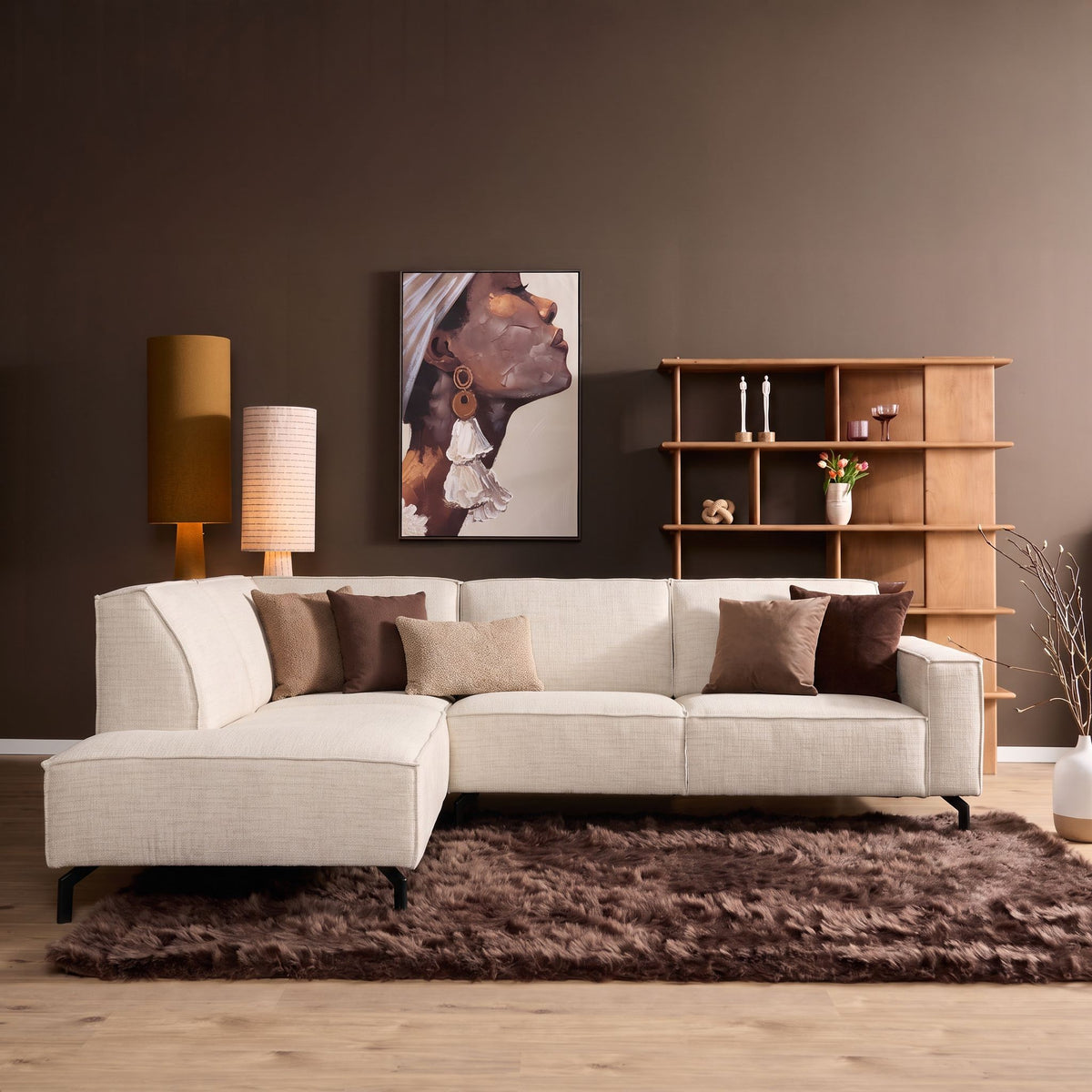 Ecksofa - Stoff Beige, Linke Ottomane, Moderne Linien, 285 cm – Floris | Starfurn