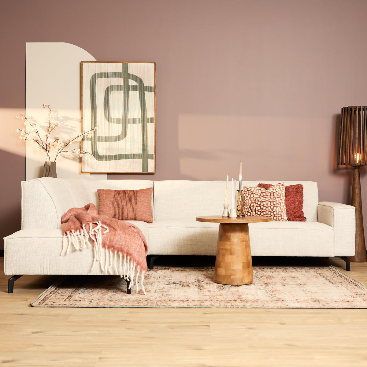 Ecksofa - Stoff Beige, Linke Ottomane, Moderne Linien, 285 cm – Floris | Starfurn