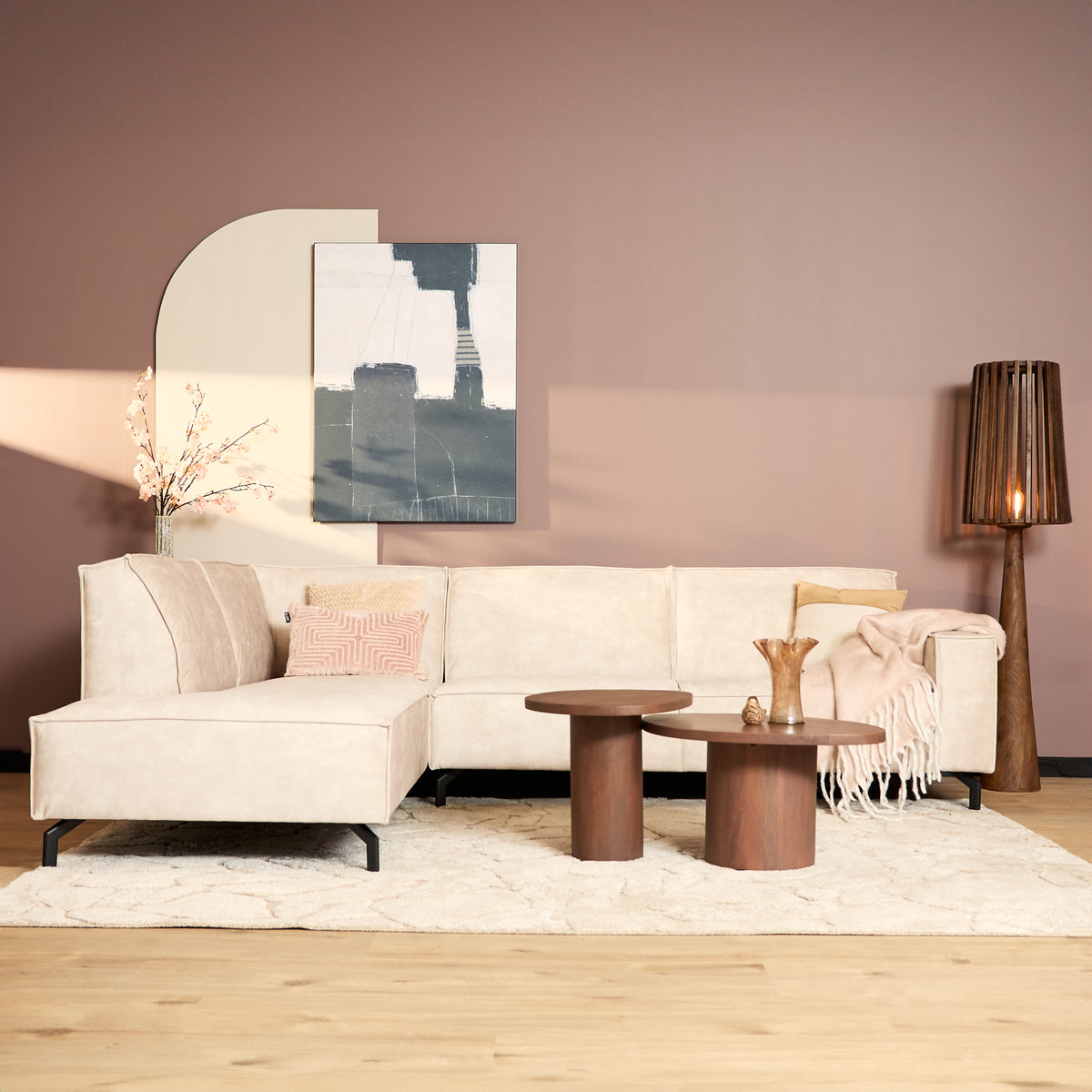 Corner Sofa – Left Chaise, Velvet Upholstery, Beige – Floris | Starfurn