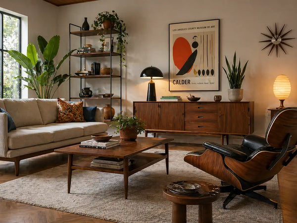 Mid-Century Wohnzimmer mit filigranen Möbelbeinen – luftige Einrichtung für mehr Tiefe und Struktur im schmalen Raum