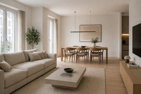 Minimalistischer Einrichtungsstil im Wohn-Esszimmer – wenige Möbel und klare Formen lassen den Raum optisch größer wirken