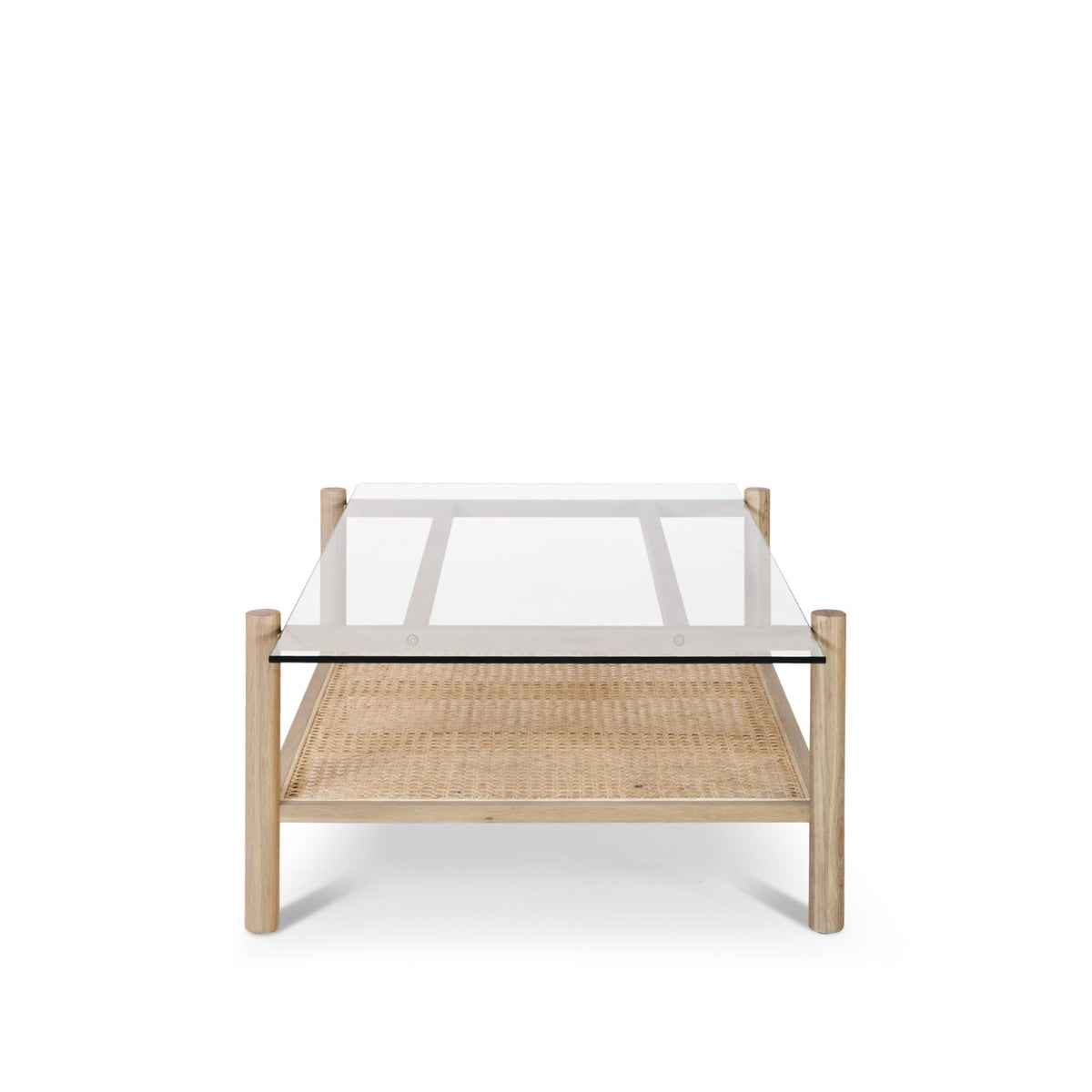 Coffee Table – Solid Oak Frame, French Rattan Weave, Tempered Glass Top with Beveled Edge – Neo | Njordec