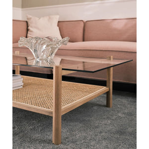 Coffee Table – Solid Oak Frame, French Rattan Weave, Tempered Glass Top with Beveled Edge – Neo | Njordec