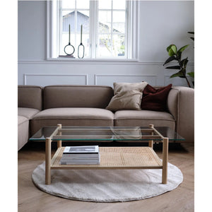 Coffee Table – Solid Oak Frame, French Rattan Weave, Tempered Glass Top with Beveled Edge – Neo | Njordec