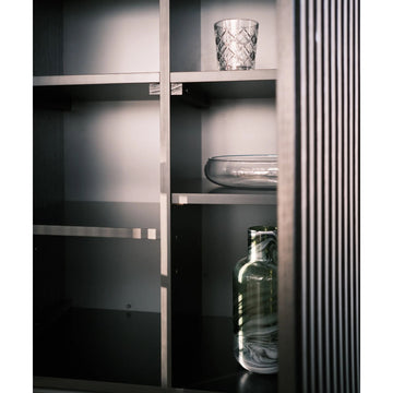 Highboard – Slanted Oak Lamella Design, Soft-Close Hinges, Adjustable Shelves – Louvre | Njordec