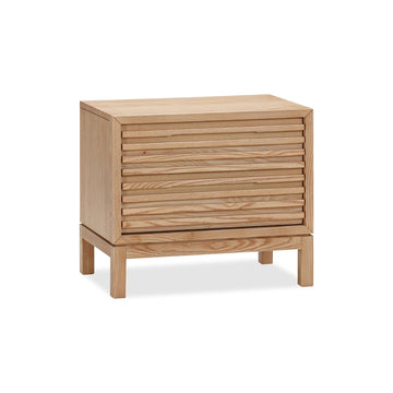Bedside Table – Solid Ash Wood, Slatted Front Design, Two Drawers, Flaxen Tone – Tanner | Modus Furniture International