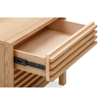 Bedside Table – Solid Ash Wood, Slatted Front Design, Two Drawers, Flaxen Tone – Tanner | Modus Furniture International