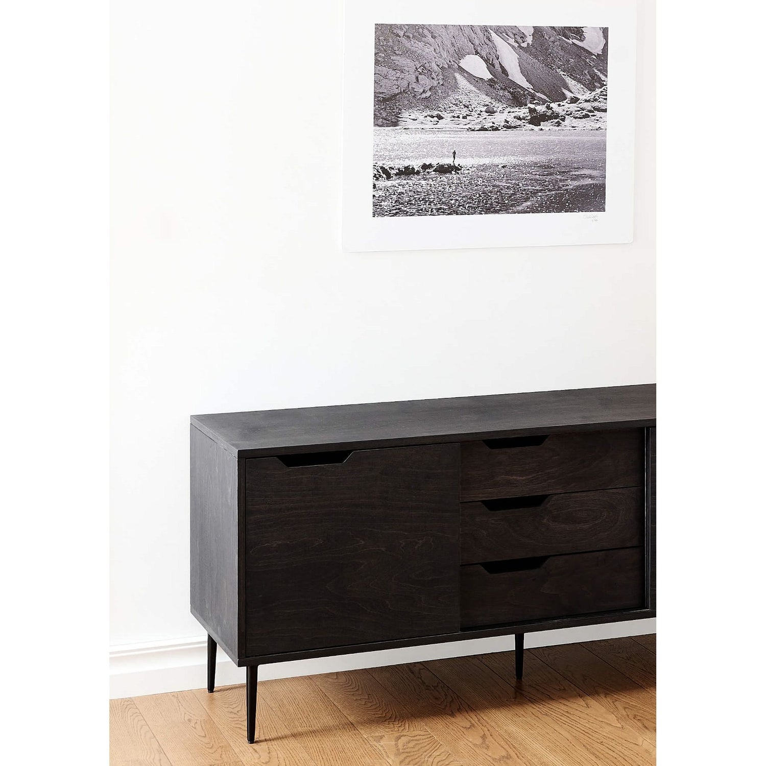 Sideboard – oak veneer, black lacquered finish, soft-close drawers, adjustable metal legs – Noble | Radis