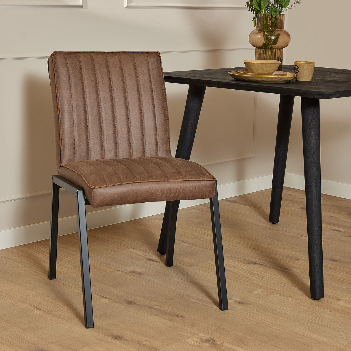 Dining Chair – Industrial Design, Brown Faux Leather, Steel Frame – Tivoli | Starfurn