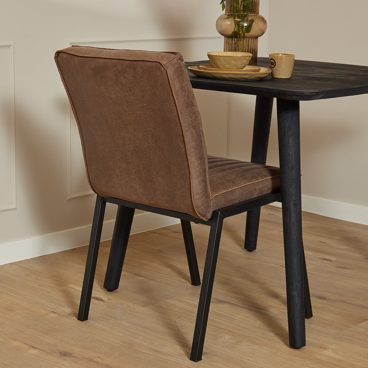 Dining Chair – Industrial Design, Brown Faux Leather, Steel Frame – Tivoli | Starfurn