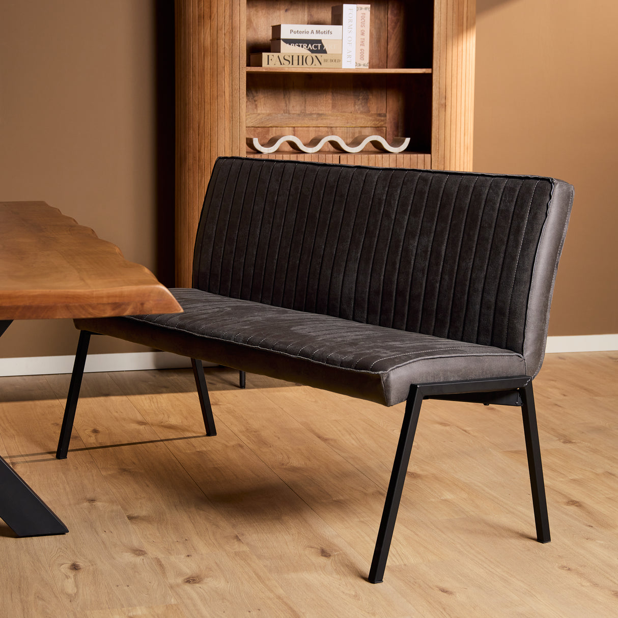 Dining bench – faux leather, contrast stitching, steel frame – Tivoli | Starfurn