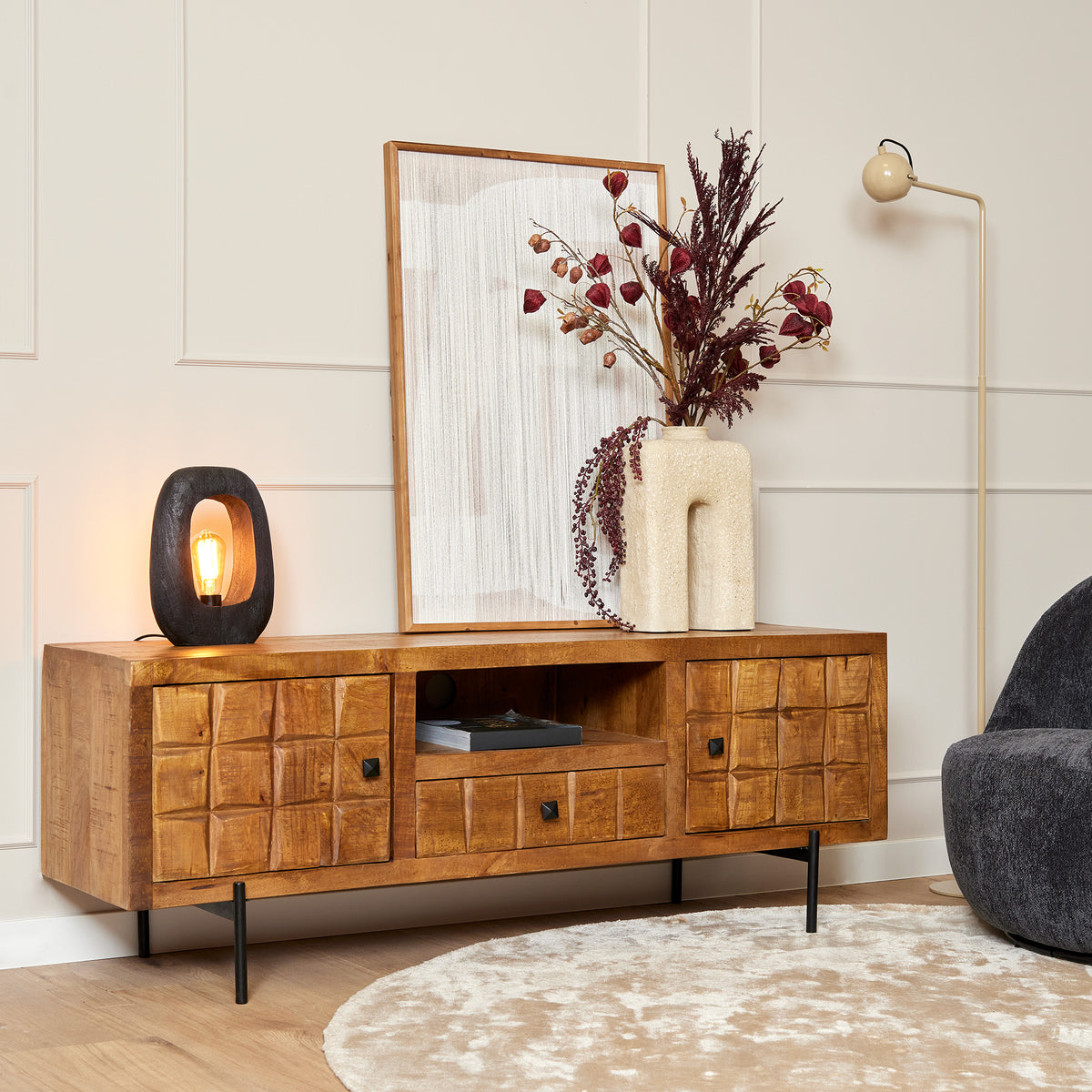 TV Unit – Mango Wood, Block Inlays, Metal Frame – Brandy | Starfurn