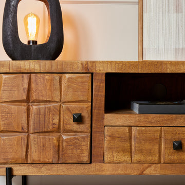 TV-Möbel - Mangoholz Gestreift, Blockmuster Design, Metallbeine, 150 cm – Brandy | Starfurn