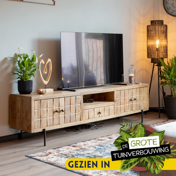 TV-Möbel - Mangoholz Gestreift, Blockmuster, Metallbeine, 220 cm – Brandy | Starfurn