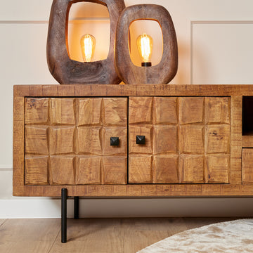 TV-Möbel - Mangoholz Gestreift, Blockmuster, Metallbeine, 220 cm – Brandy | Starfurn