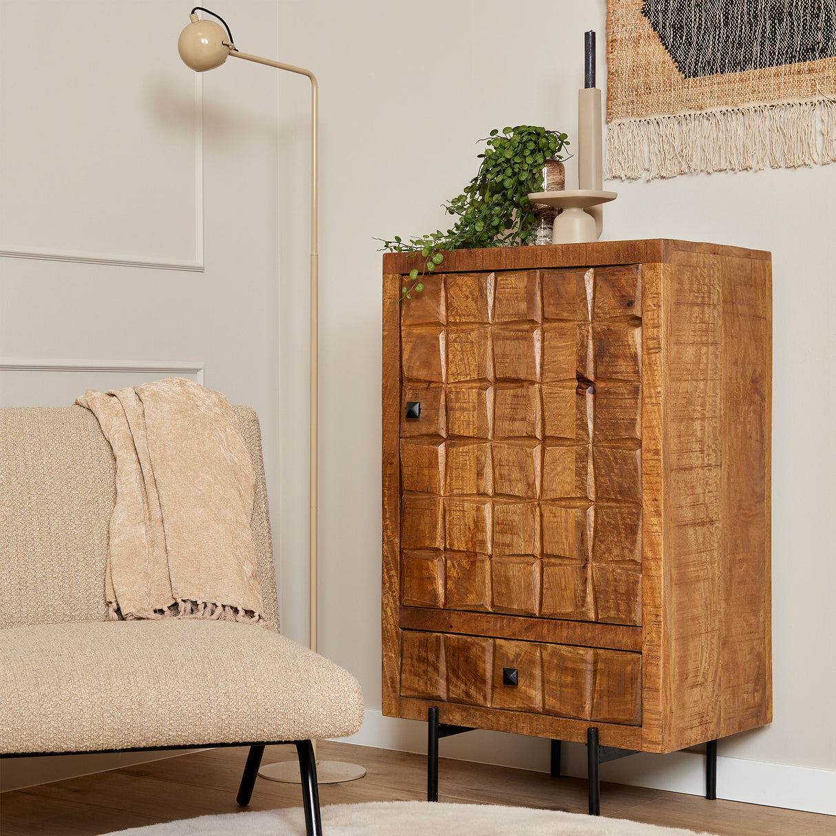 Sideboard – Mango wood, wooden slat design in block pattern, metal legs – Brandy | Starfurn