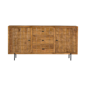 Sideboard – Mango Wood, Block Pattern Wood Strip Design, Metal Legs – Brandy | Starfurn