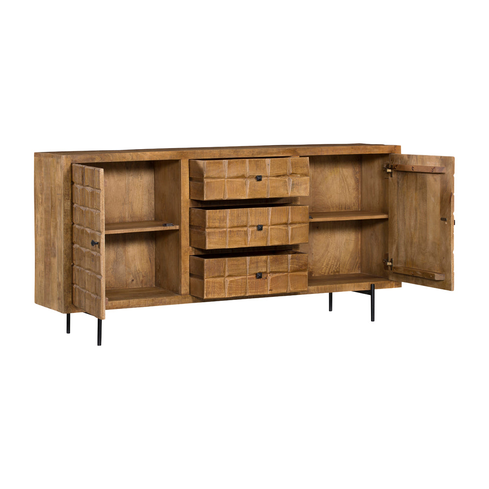 Sideboard – Mango Wood, Block Pattern Wood Strip Design, Metal Legs – Brandy | Starfurn