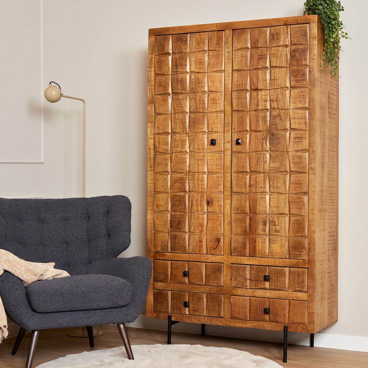 Cabinet – Mango wood, metal frame, block pattern – Brandy | Starfurn