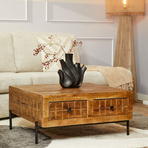 Coffee Table – Mango Wood, Block Pattern Design, Metal Frame – Brandy | Starfurn