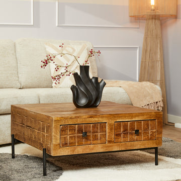 Couchtisch - Mangoholz Gestreift, Blockmuster Design, Vier Schubladen, 80 cm – Brandy | Starfurn