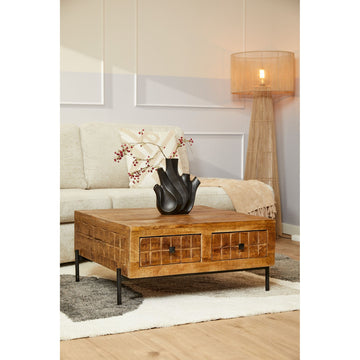 Couchtisch - Mangoholz Gestreift, Blockmuster Design, Vier Schubladen, 80 cm – Brandy | Starfurn