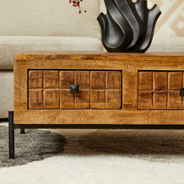 Coffee Table – Mango Wood, Block Pattern Design, Metal Frame – Brandy | Starfurn