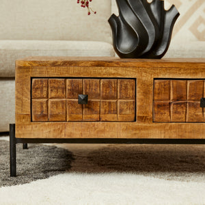 Coffee Table – Mango Wood, Block Pattern Design, Metal Frame – Brandy | Starfurn