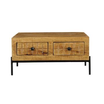 Couchtisch - Mangoholz Gestreift, Blockmuster Design, Vier Schubladen, 80 cm – Brandy | Starfurn
