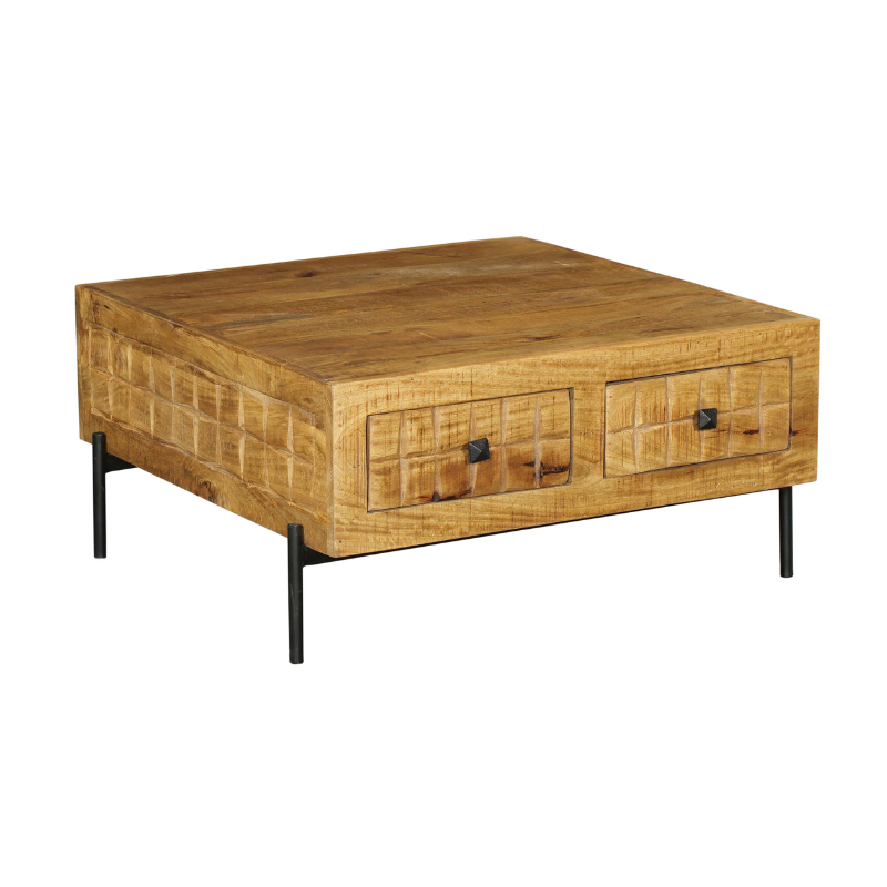 Coffee Table – Mango Wood, Block Pattern Design, Metal Frame – Brandy | Starfurn