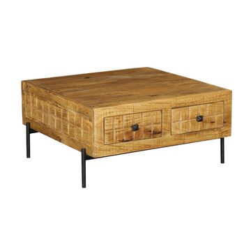 Couchtisch - Mangoholz Gestreift, Blockmuster Design, Vier Schubladen, 80 cm – Brandy | Starfurn