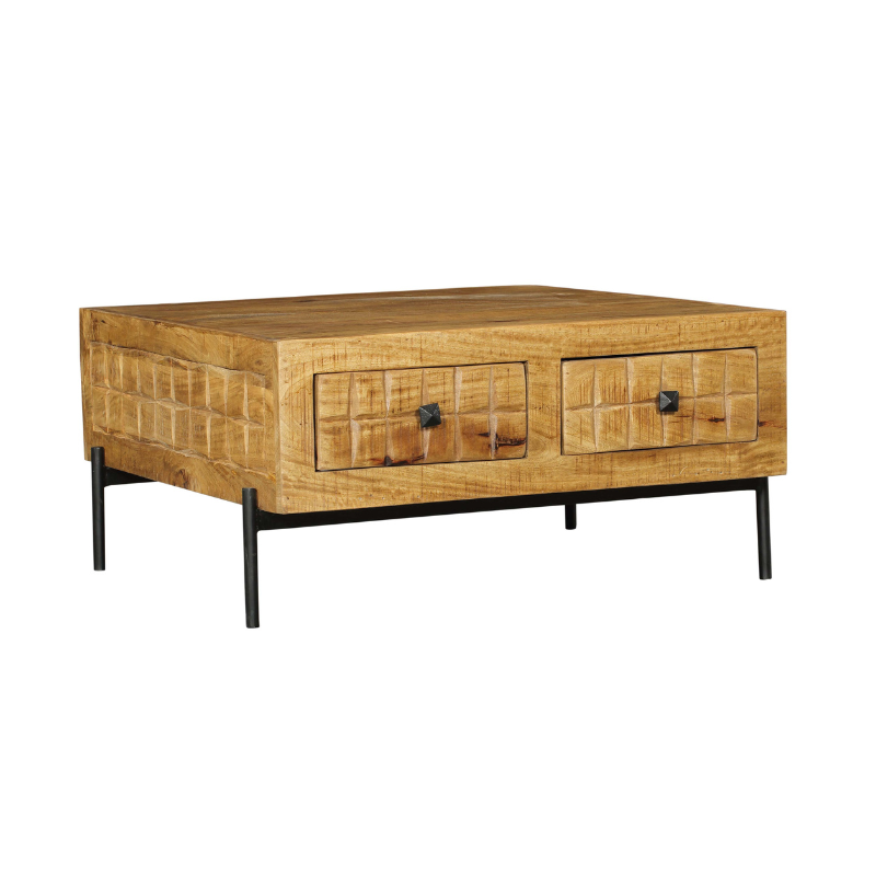 Coffee Table – Mango Wood, Block Pattern Design, Metal Frame – Brandy | Starfurn