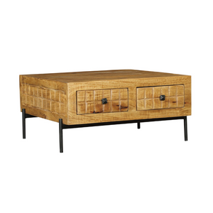 Coffee Table – Mango Wood, Block Pattern Design, Metal Frame – Brandy | Starfurn