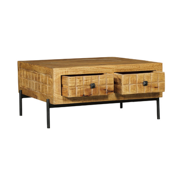 Couchtisch - Mangoholz Gestreift, Blockmuster Design, Vier Schubladen, 80 cm – Brandy | Starfurn